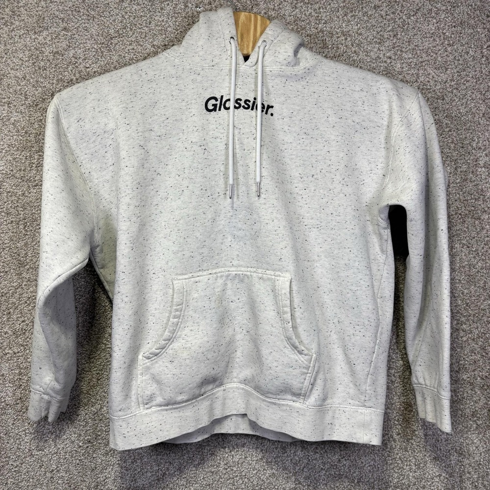 Glossier‎ Hoodie Mens Large Gray Speckled Fleece Pullover Logo Graphic Front